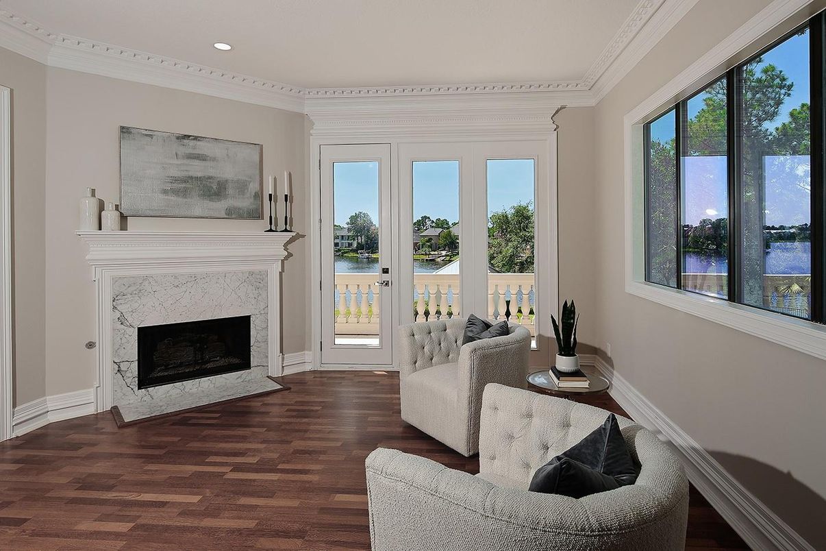 Fireplace, Interior, Living room, Recessed Lighting, Water, Wood Texture Flooring