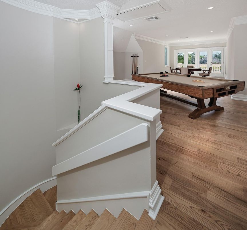 Billiard Table, Game Room, Interior, Recessed Lighting, Wood Texture Flooring