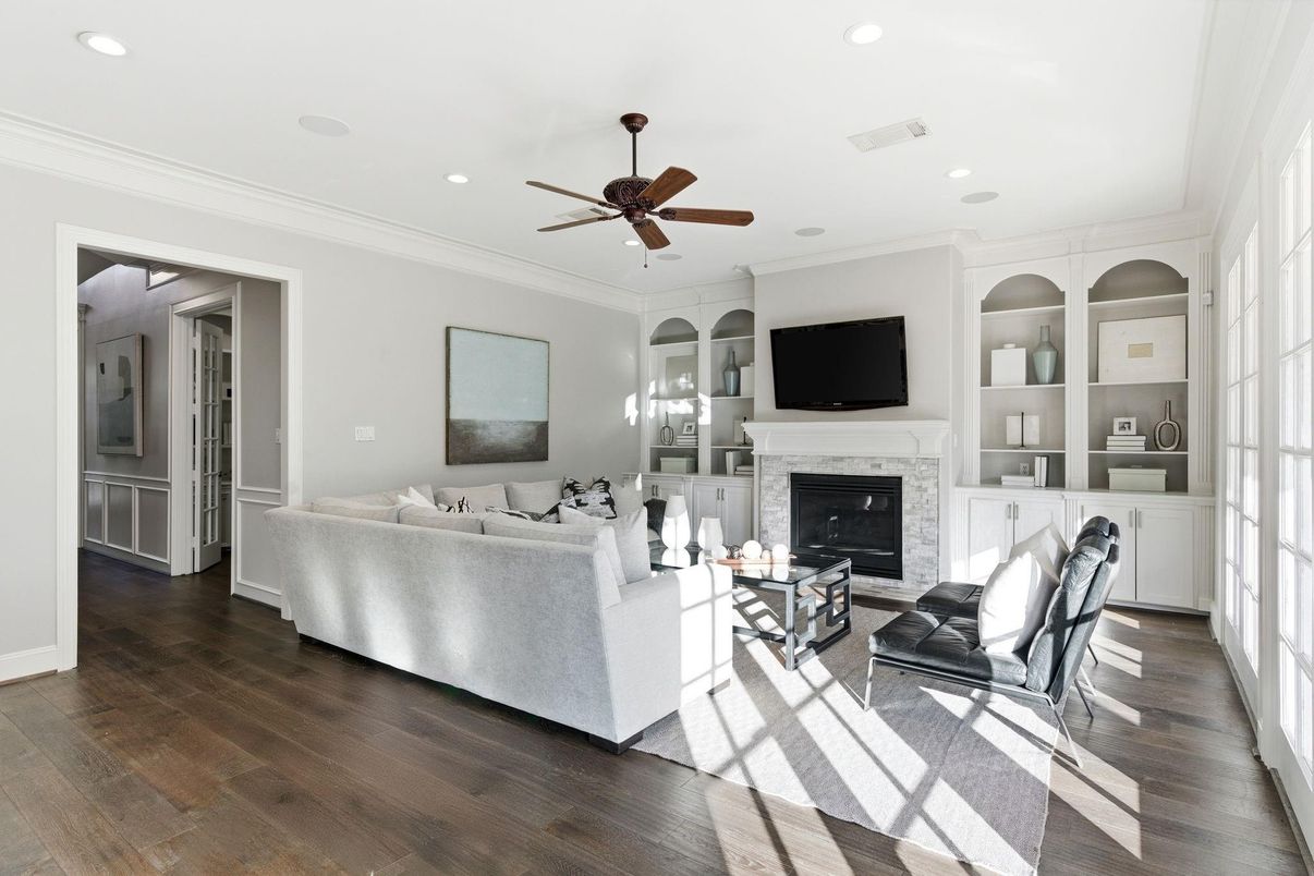 Fireplace, Interior, Living room, Recessed Lighting, Wood Texture Flooring