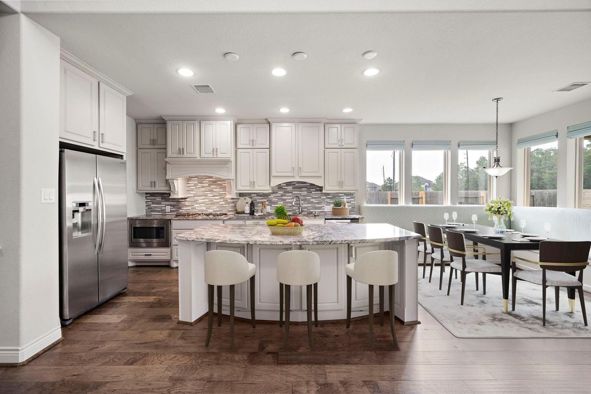 Dining room, Interior, Kitchen, Pendant Lights, Recessed Lighting, Stainless Steel Appliances, Wood Texture Flooring