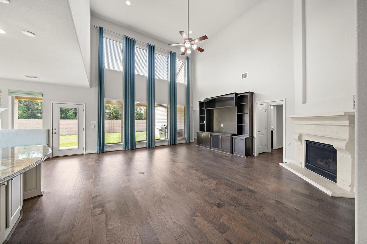 Empty room, Fireplace, Interior, Recessed Lighting, Wood Texture Flooring