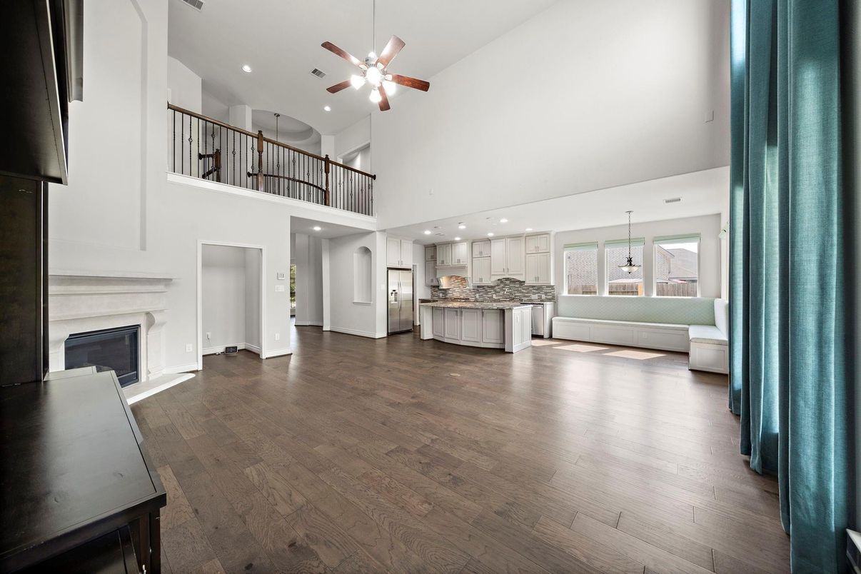 Fireplace, Interior, Kitchen, Recessed Lighting, Wood Texture Flooring