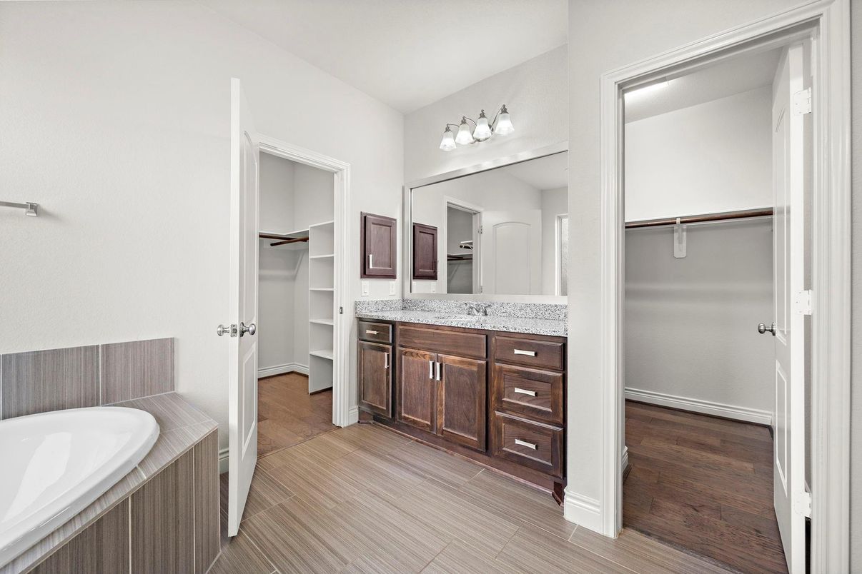 Bathroom, Dual Sink Vanities, Interior, Walk-in Closets, Wood Texture Flooring