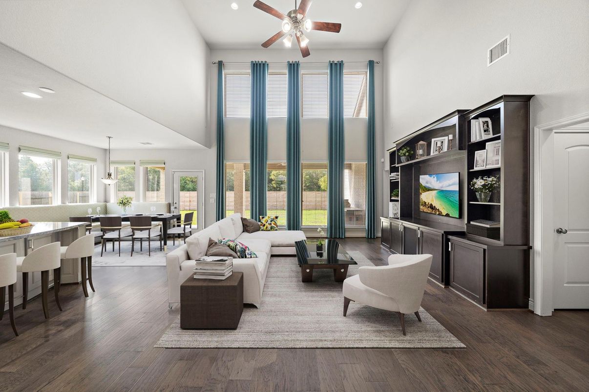 Dining room, Interior, Living room, Pendant Lights, Recessed Lighting, Wood Texture Flooring