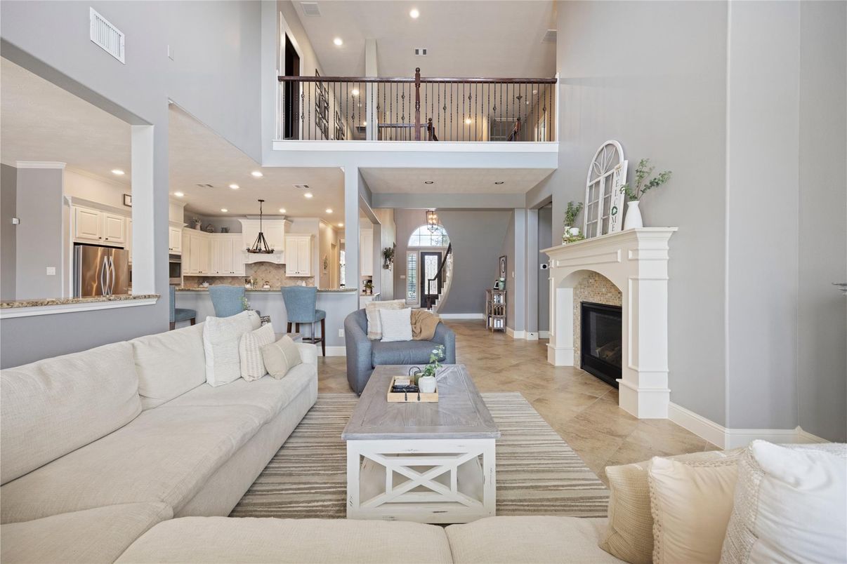 Dining room, Fireplace, Interior, Kitchen, Living room, Pendant Lights, Recessed Lighting