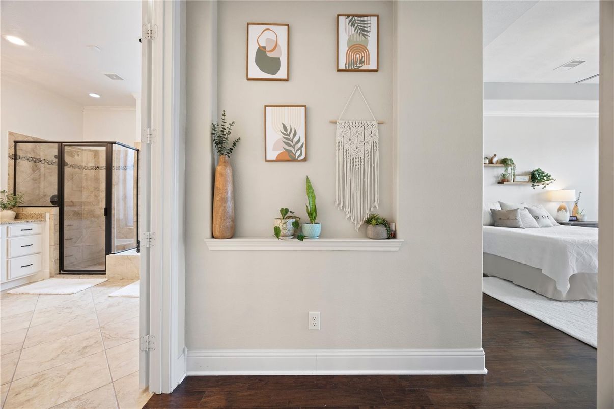 Bathroom, Bedroom, Glass Shower, Interior, Recessed Lighting, Wood Texture Flooring