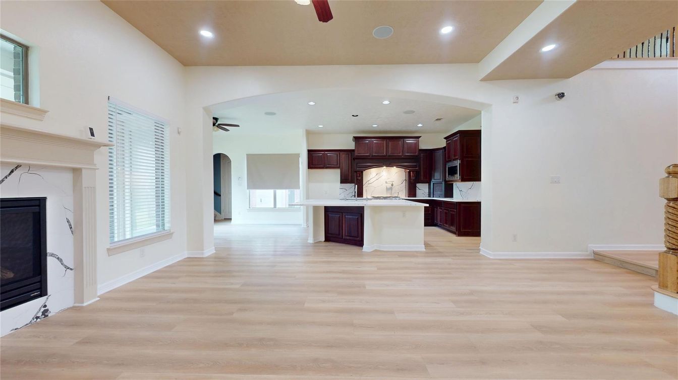 Fireplace, Interior, Kitchen, Recessed Lighting, Wood Texture Flooring