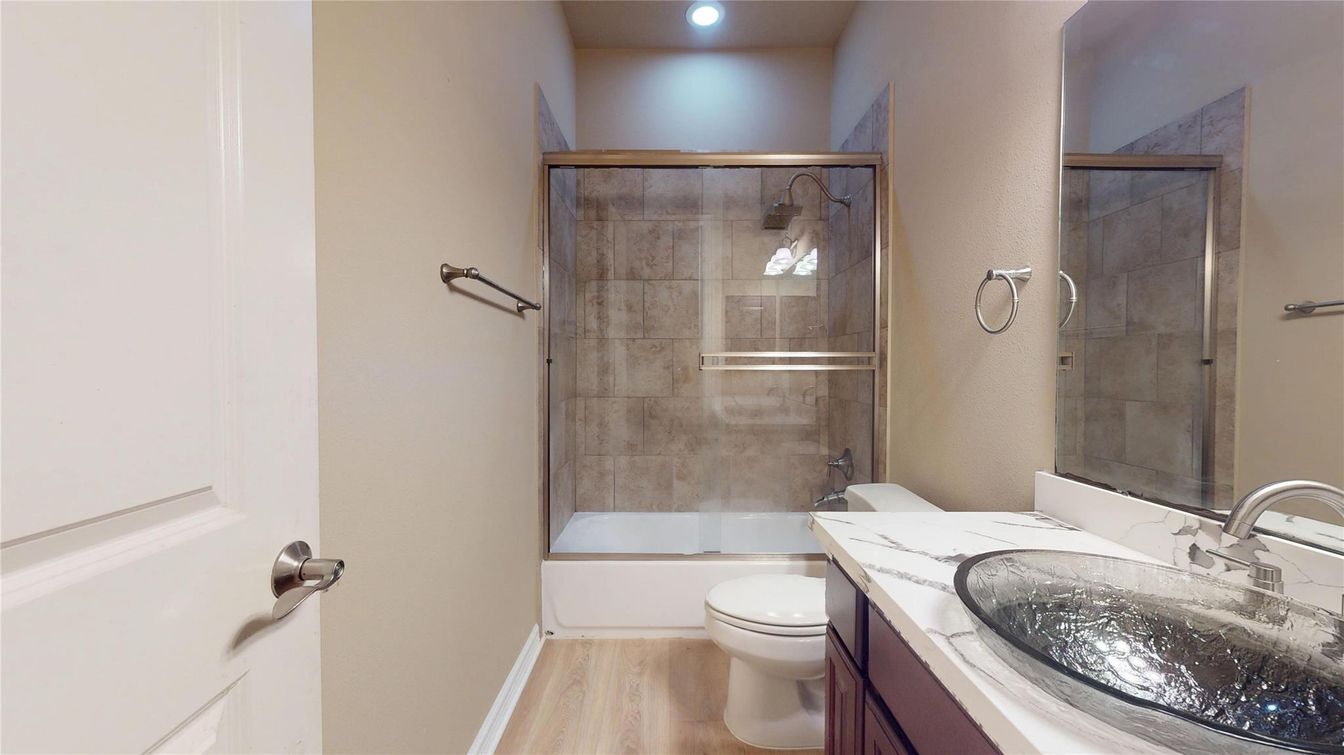 Bathroom, Glass Shower, Interior, Recessed Lighting, Wood Texture Flooring
