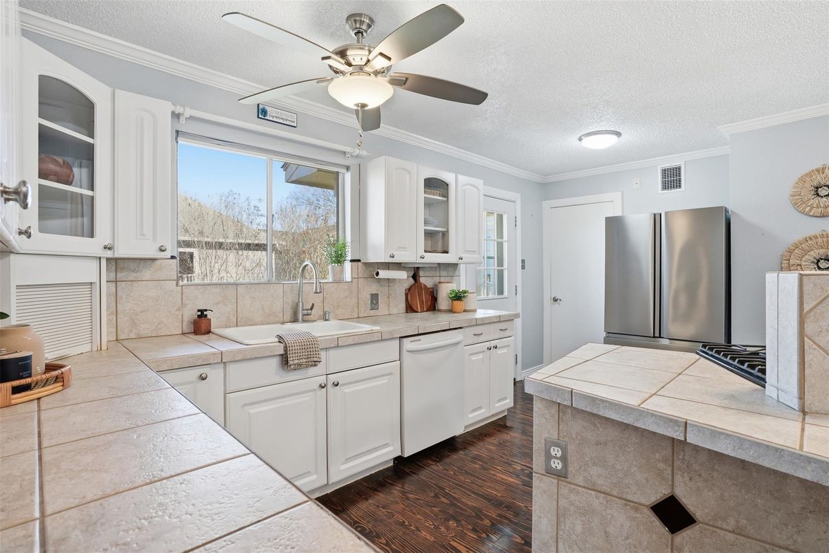 Interior, Kitchen, Tile Countertops, Wood Texture Flooring