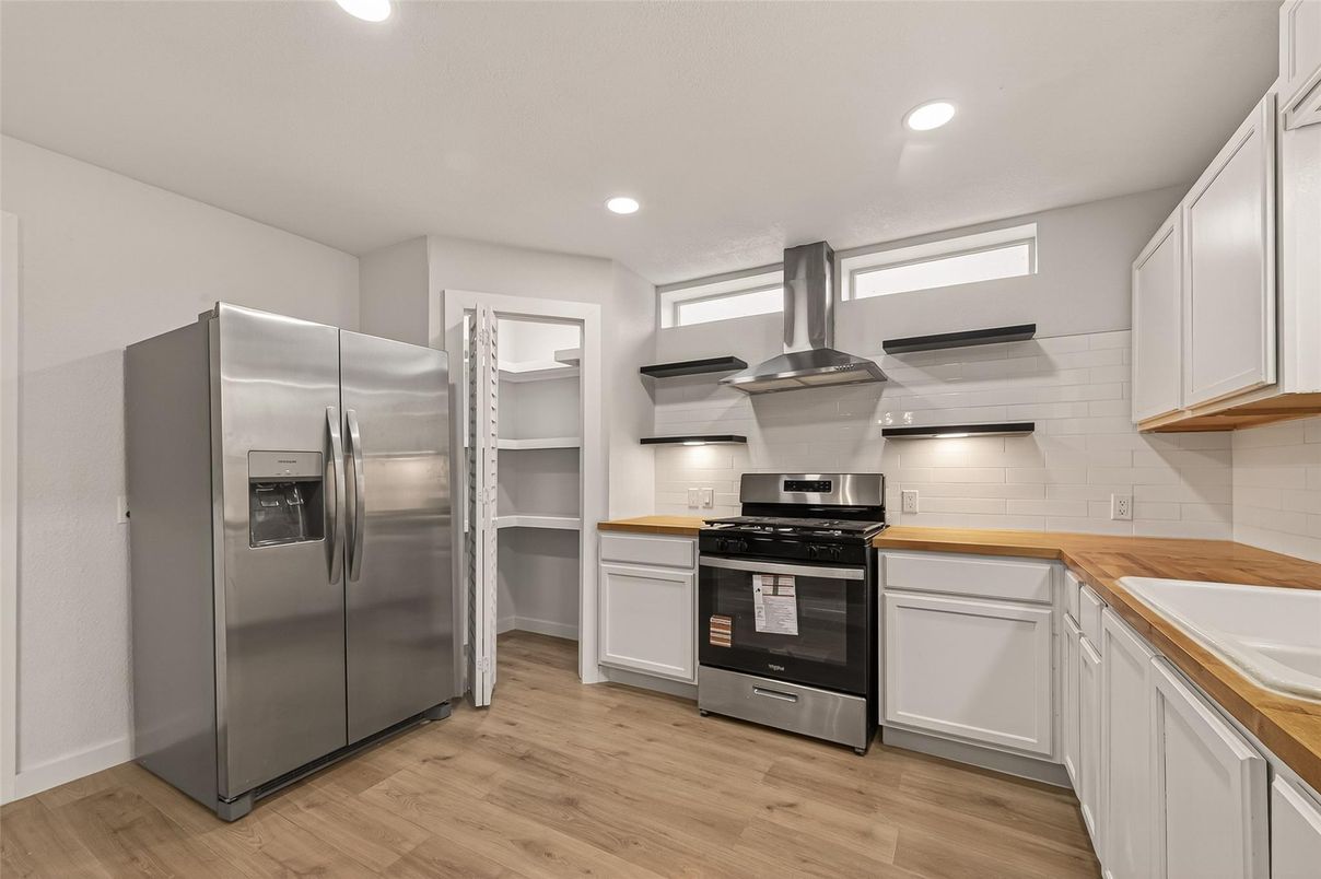Interior, Kitchen, Recessed Lighting, Stainless Steel Appliances, Wood Texture Flooring