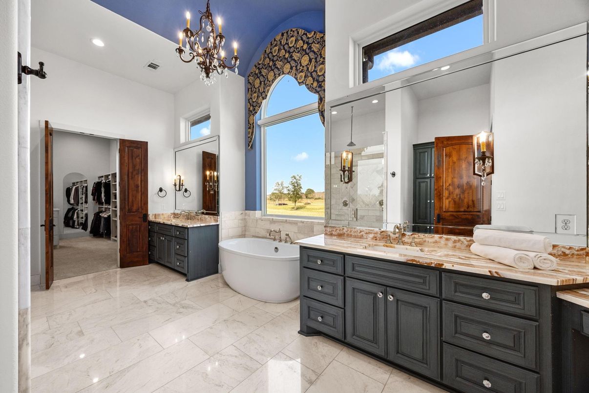 Bathroom, Chandelier, Dual Sink Vanities, Free Standing Baths, Interior, Marble, Recessed Lighting