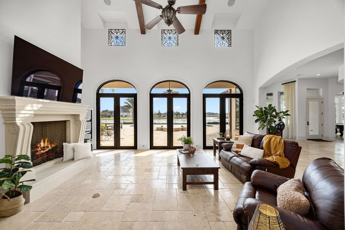 Fireplace, Interior, Living room, Recessed Lighting, Wooden Beams