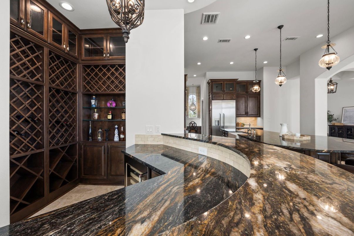Interior, Kitchen, Marble, Pendant Lights, Recessed Lighting, Wine Storage