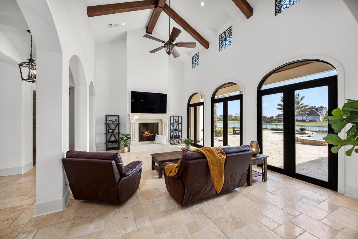 Fireplace, Interior, Living room, Pendant Lights, Recessed Lighting, Wooden Beams