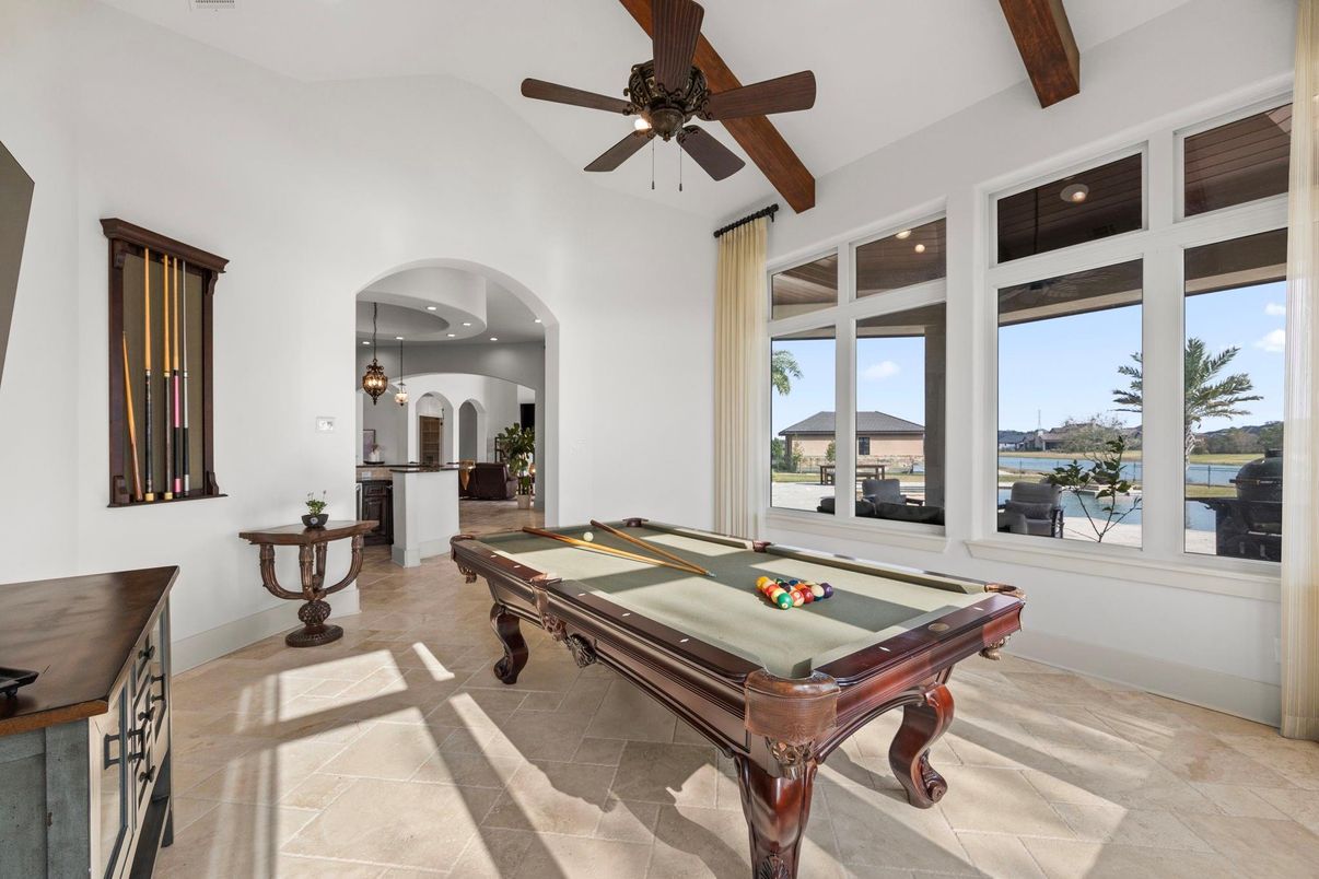 Billiard Table, Game Room, Interior, Pendant Lights, Recessed Lighting, Water, Wooden Beams