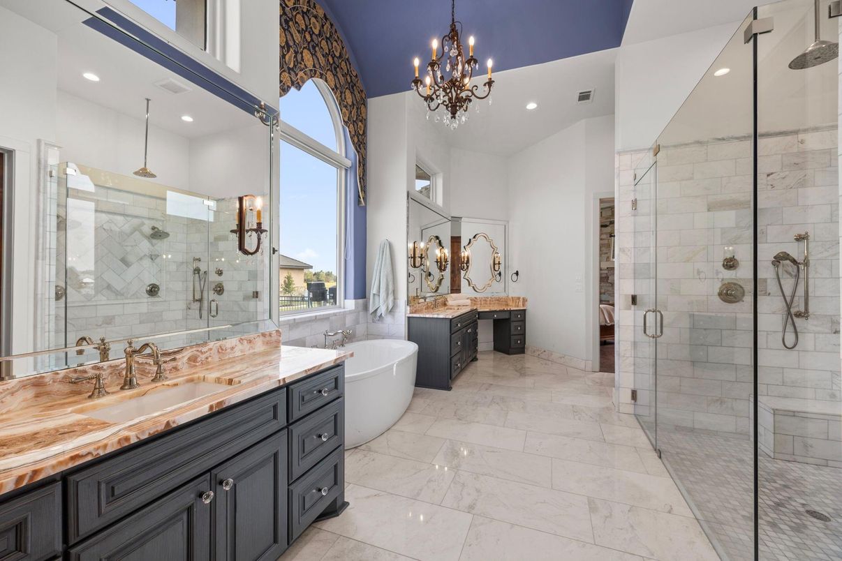 Bathroom, Chandelier, Dual Sink Vanities, Free Standing Baths, Glass Shower, Interior, Marble, Recessed Lighting