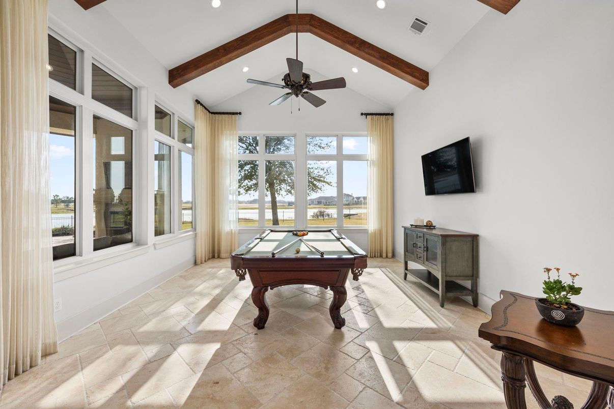 Billiard Table, Game Room, Interior, Recessed Lighting, Wooden Beams