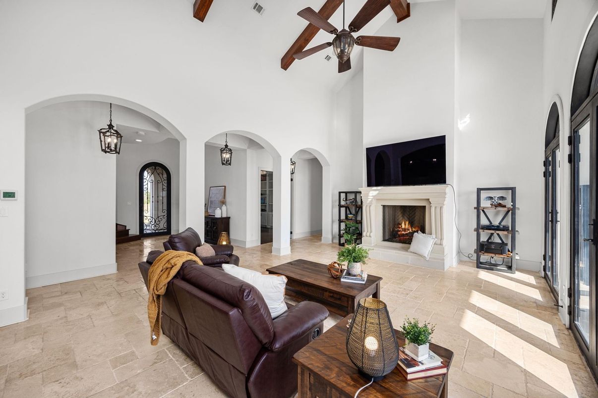 Fireplace, Interior, Living room, Pendant Lights, Wooden Beams