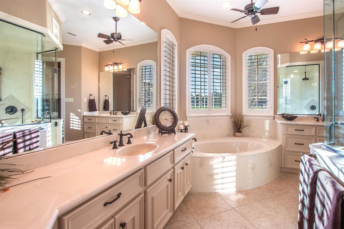 Bathroom, Dual Sink Vanities, Glass Shower, Interior, Recessed Lighting
