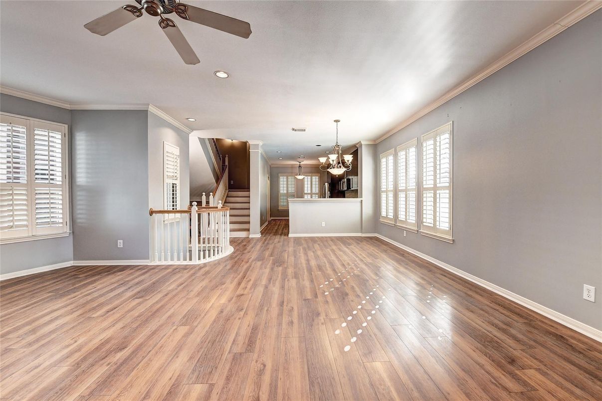 Chandelier, Empty room, Interior, Recessed Lighting, Wood Texture Flooring