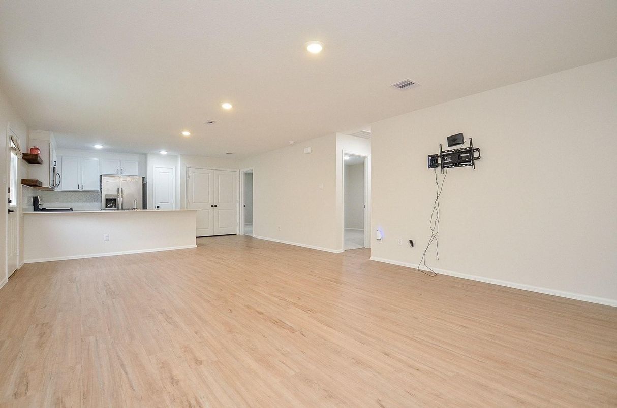 Empty room, Interior, Kitchen, Recessed Lighting, Wood Texture Flooring