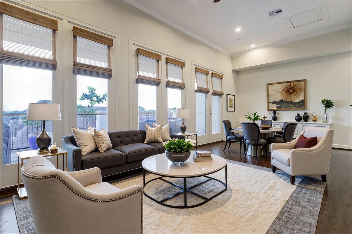 Dining room, Interior, Living room, Recessed Lighting, Wood Texture Flooring