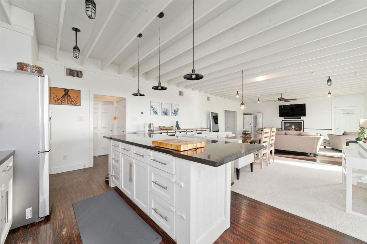 Fireplace, Interior, Kitchen, Living room, Pendant Lights, Wood Texture Flooring