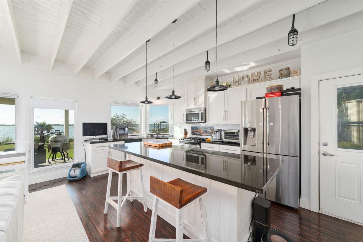 Interior, Kitchen, Pendant Lights, Stainless Steel Appliances, Water, Wood Texture Flooring
