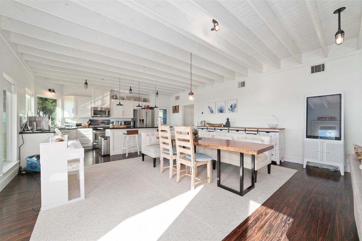 Dining room, Interior, Kitchen, Pendant Lights, Stainless Steel Appliances, Wood Texture Flooring
