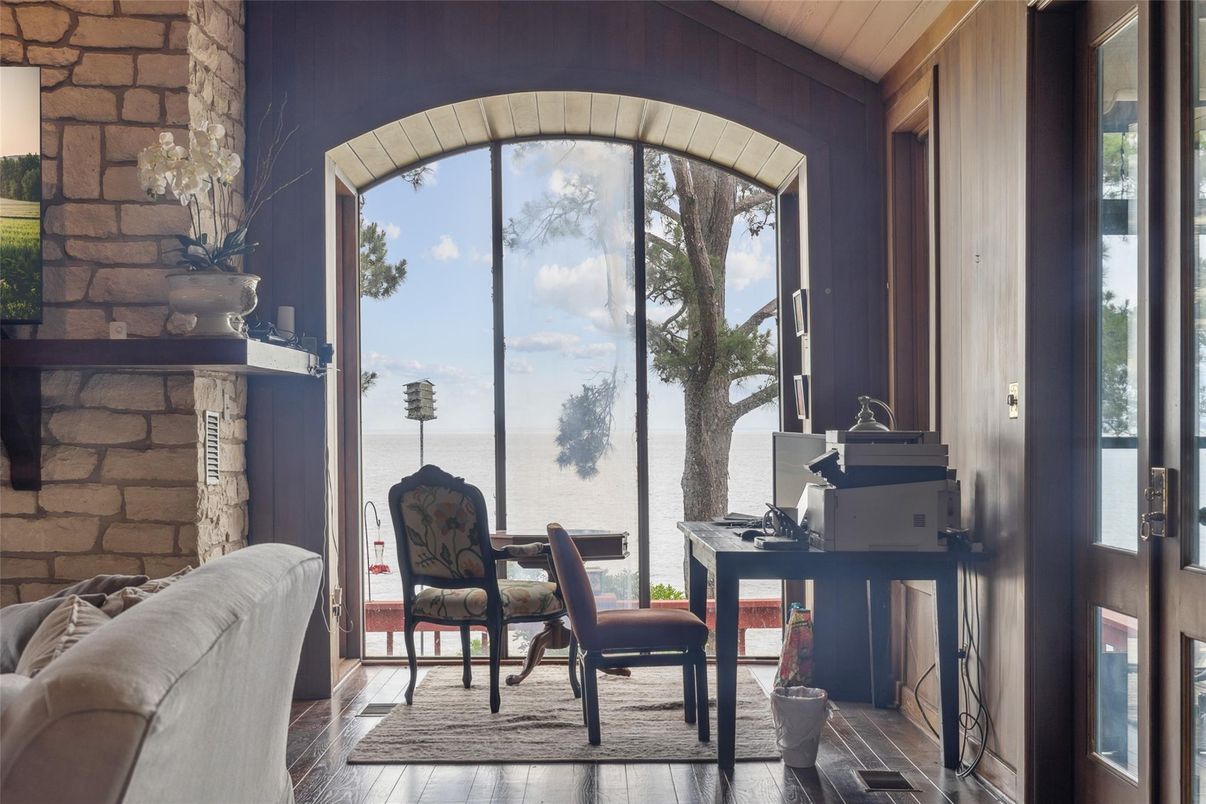 Fireplace, Interior, Stone Walls, Water, Wood Texture Flooring