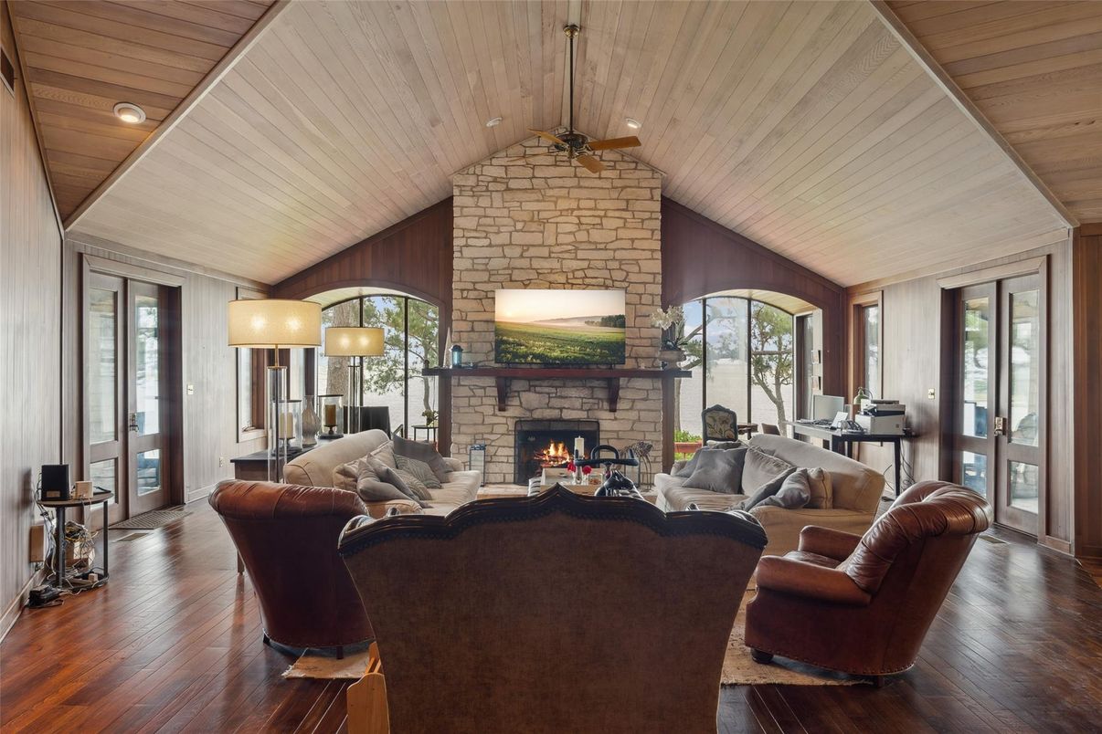 Fireplace, Interior, Living room, Recessed Lighting, Stone Walls, Wooden Ceilings, Wood Texture Flooring