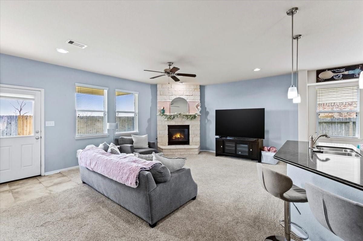 Fireplace, Interior, Living room, Pendant Lights, Recessed Lighting, Stone Walls