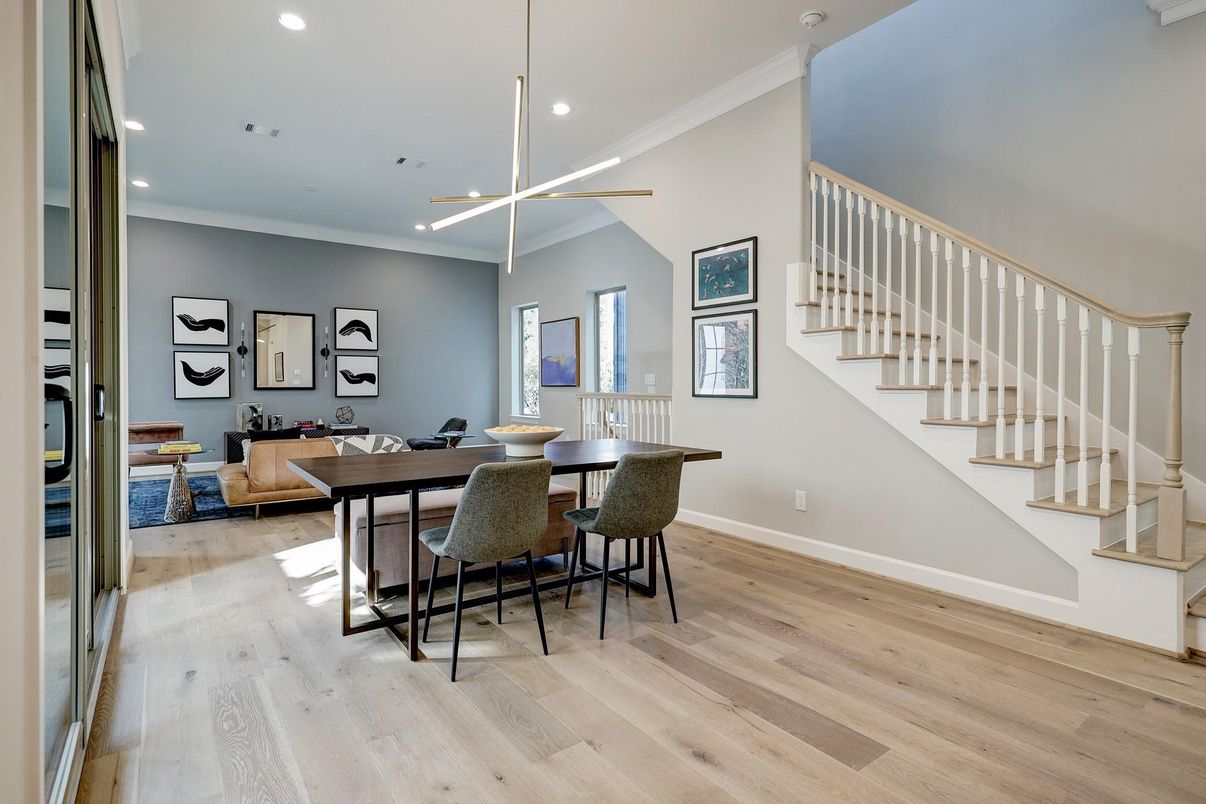 Dining room, Interior, Pendant Lights, Recessed Lighting, Wood Texture Flooring