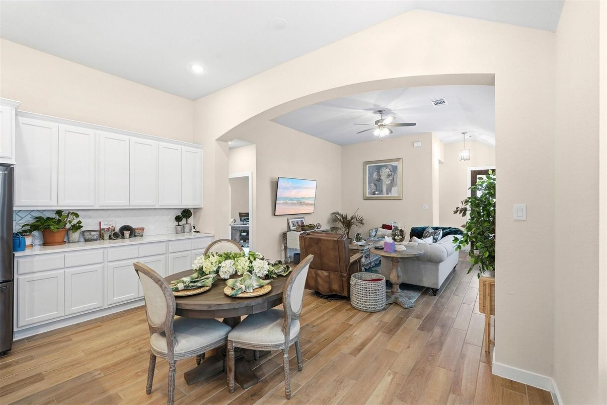 Dining room, Interior, Kitchen, Living room, Recessed Lighting, Wood Texture Flooring