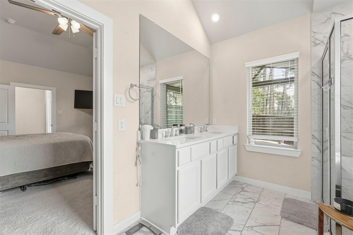 Bathroom, Bedroom, Dual Sink Vanities, Interior, Marble, Marble Walls, Recessed Lighting