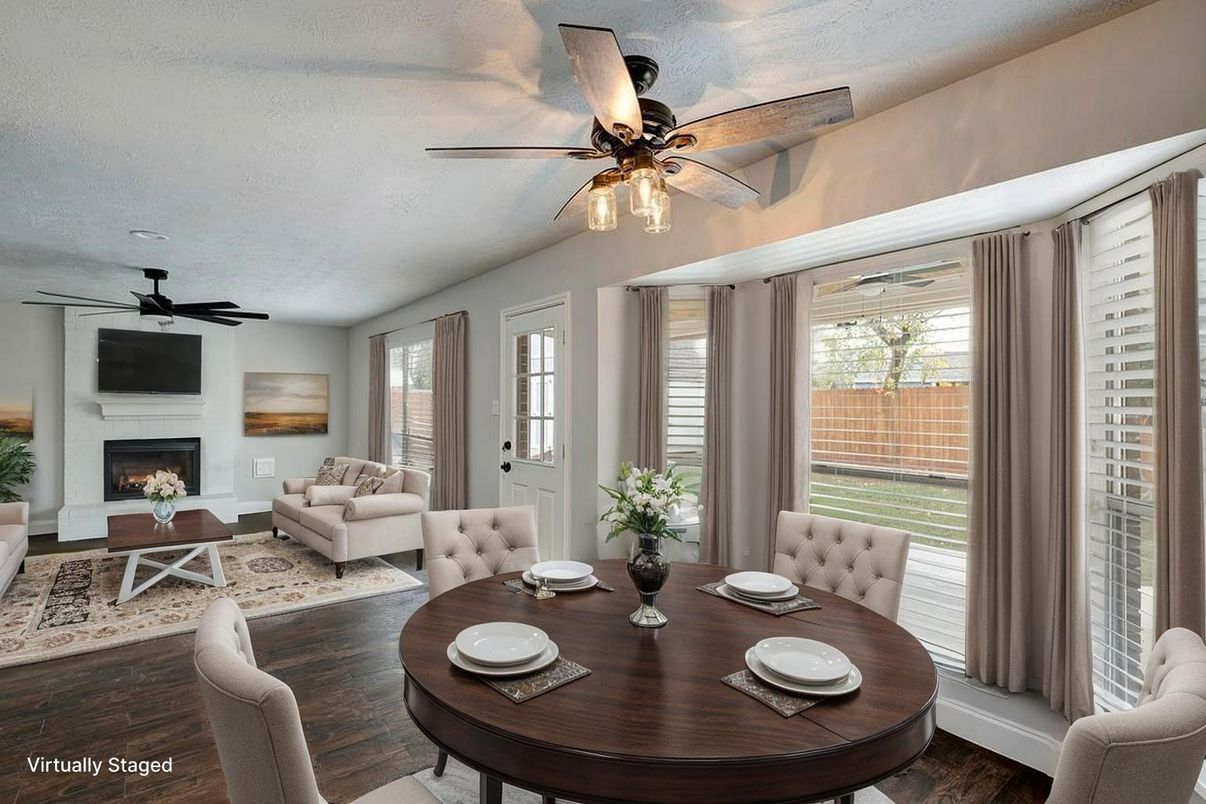 Dining room, Fireplace, Interior, Living room, Wood Texture Flooring
