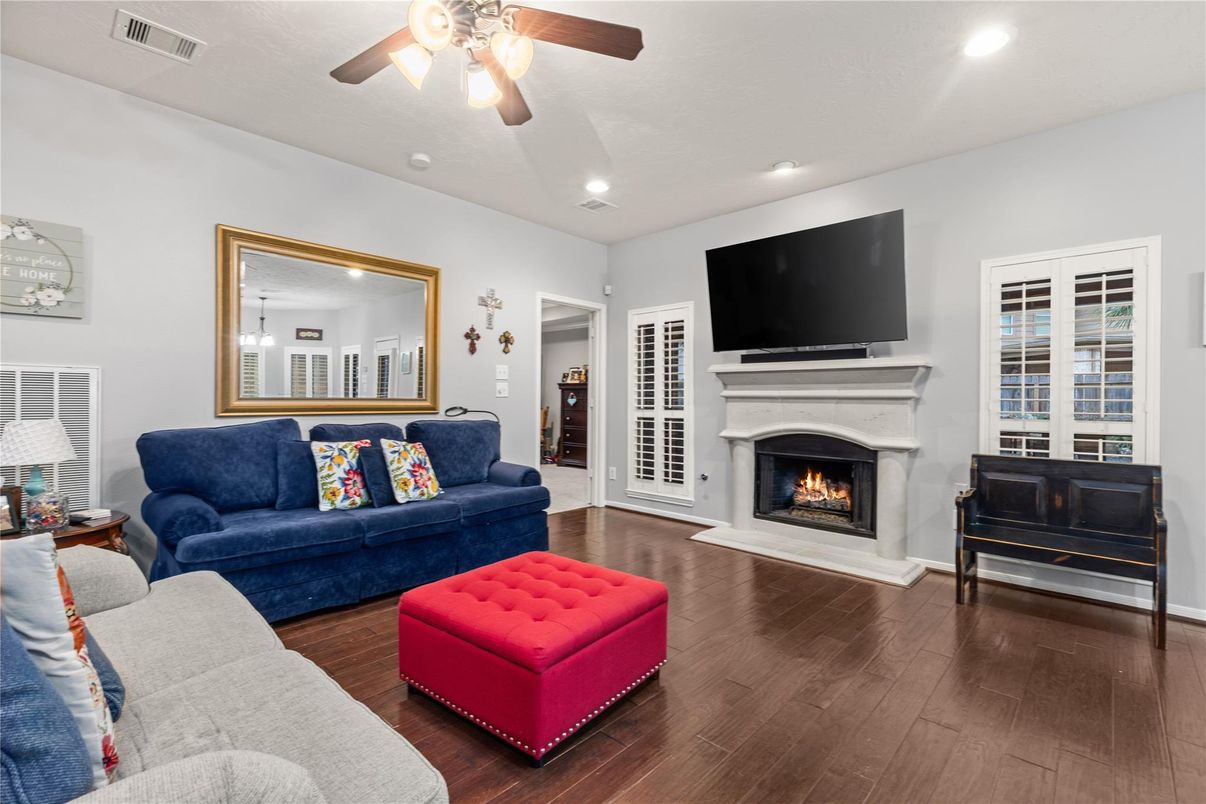 Fireplace, Interior, Living room, Recessed Lighting, Wood Texture Flooring