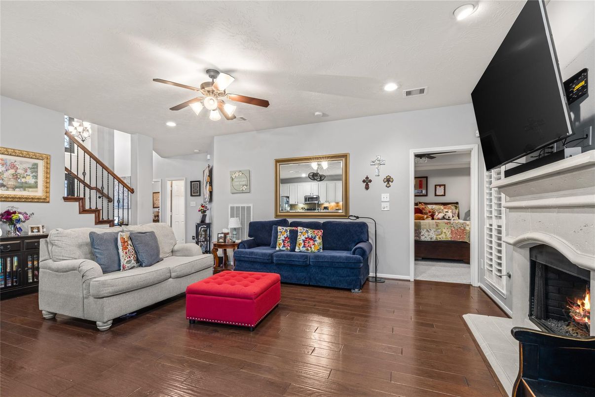 Fireplace, Interior, Living room, Recessed Lighting, Wood Texture Flooring