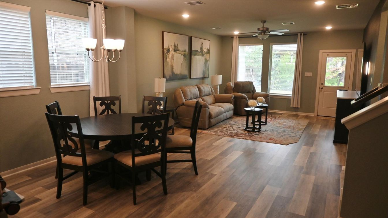 Dining room, Interior, Living room, Recessed Lighting, Wood Texture Flooring