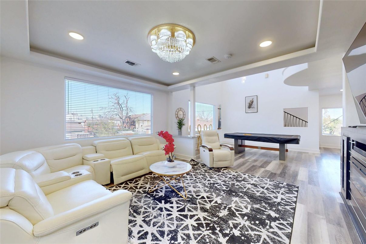 Billiard Table, Chandelier, Game Room, Interior, Living room, Recessed Lighting, Wood Texture Flooring