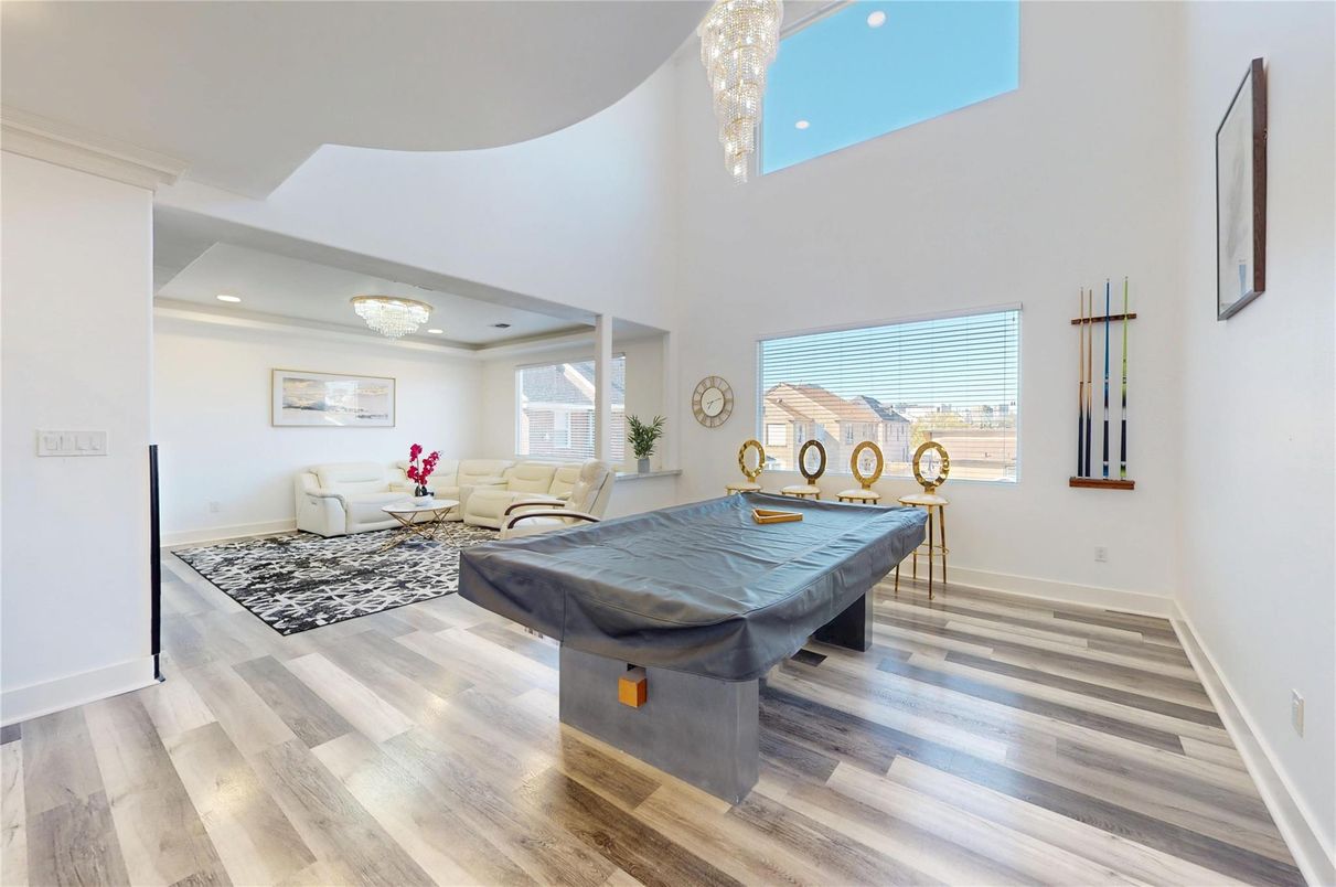 Billiard Table, Chandelier, Game Room, Interior, Living room, Recessed Lighting, Wood Texture Flooring