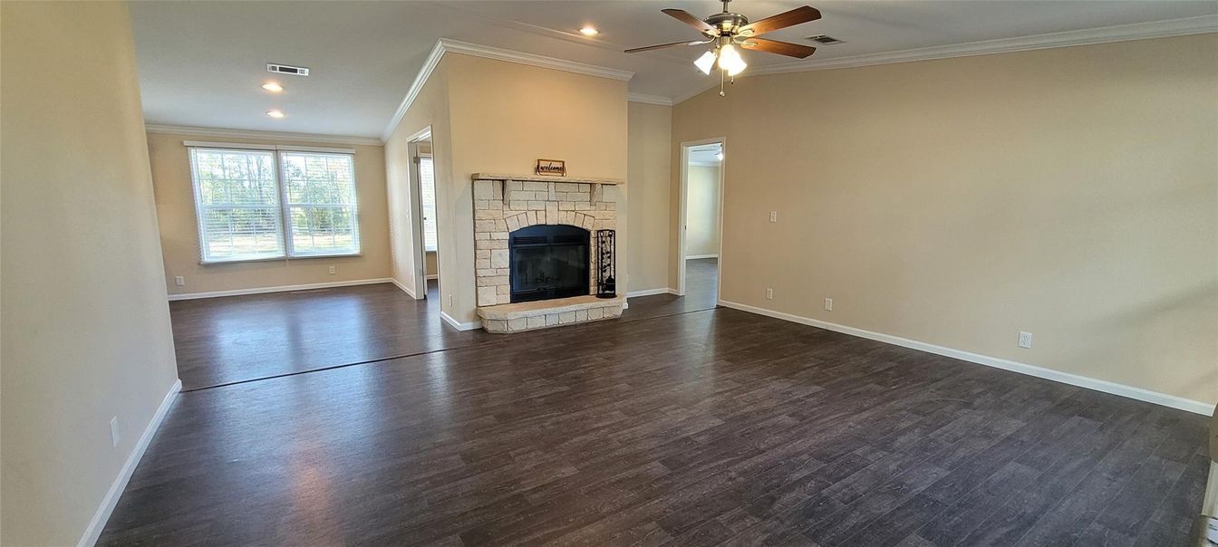 Empty room, Fireplace, Interior, Recessed Lighting, Wood Texture Flooring