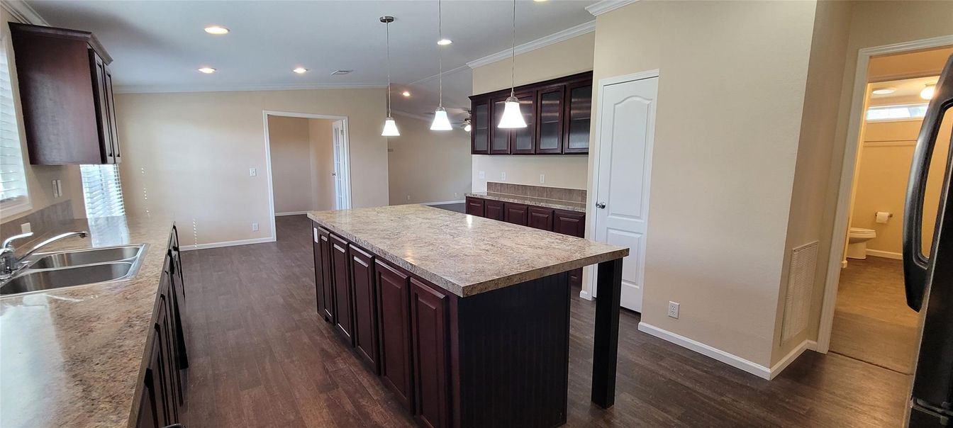 Interior, Kitchen, Pendant Lights, Recessed Lighting, Wood Texture Flooring