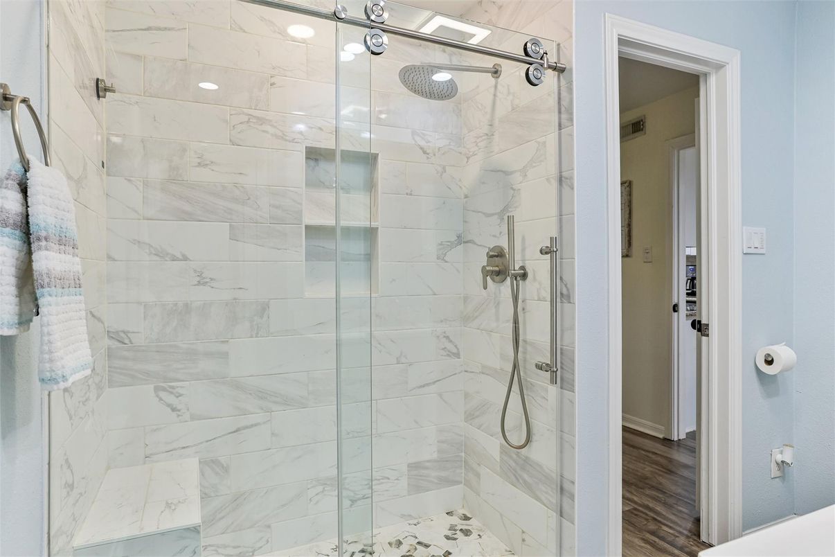 Bathroom, Glass Shower, Interior, Marble Walls, Wood Texture Flooring
