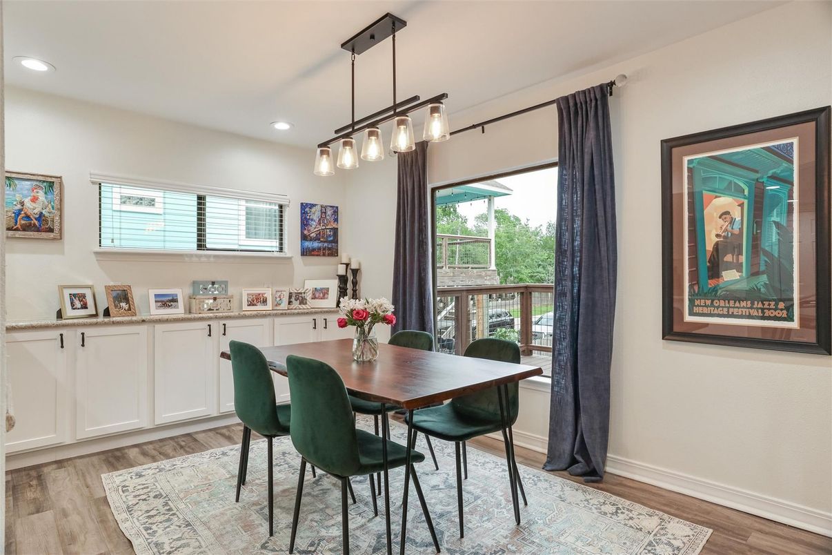 Dining room, Interior, Pendant Lights, Recessed Lighting, Wood Texture Flooring
