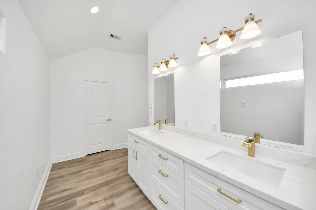 Bathroom, Dual Sink Vanities, Interior, Recessed Lighting, Wood Texture Flooring
