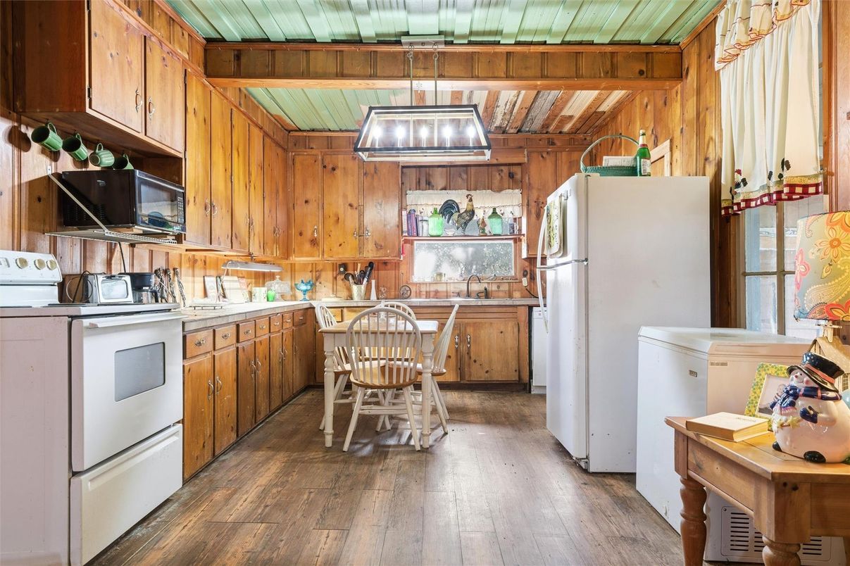 Interior, Kitchen, Pendant Lights, Wooden Ceilings, Wood Texture Flooring, Wooden Walls