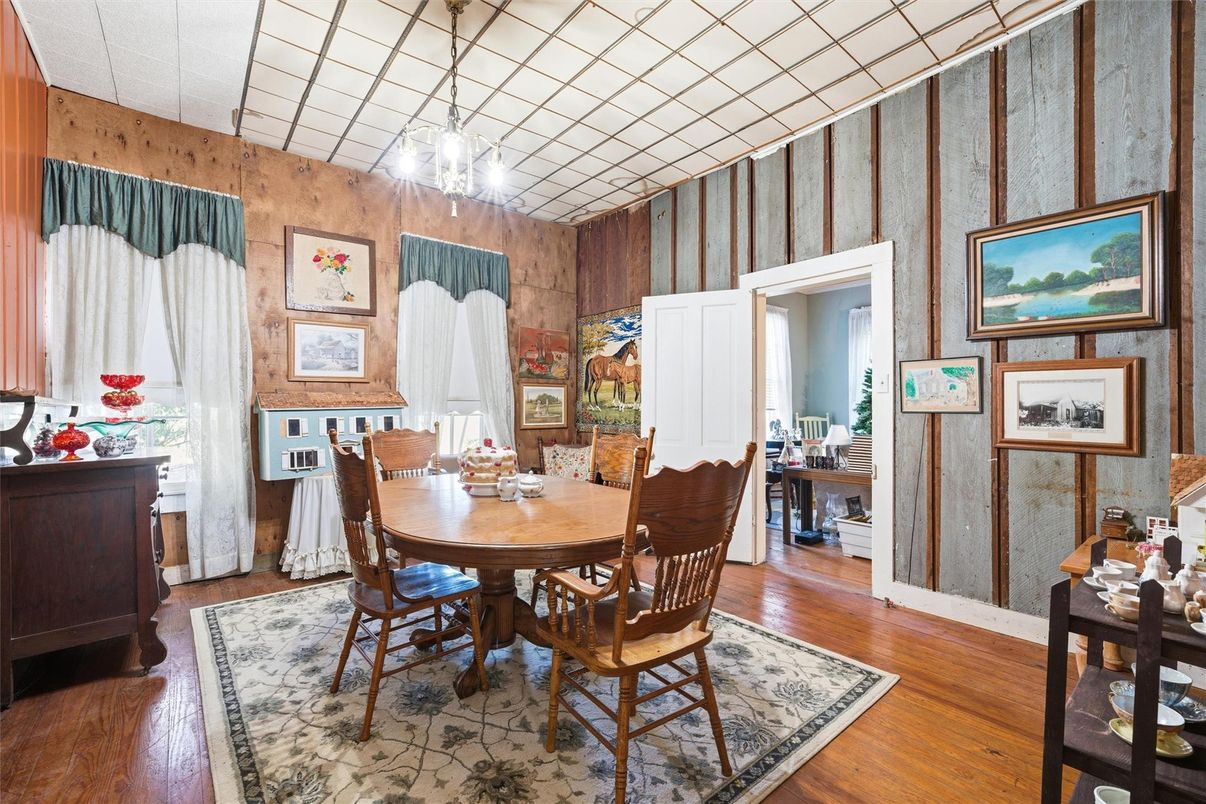 Dining room, Interior, Pendant Lights, Wood Texture Flooring, Wooden Walls