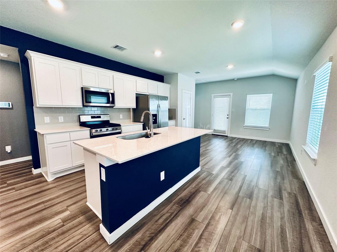 Interior, Kitchen, Recessed Lighting, Stainless Steel Appliances, Wood Texture Flooring