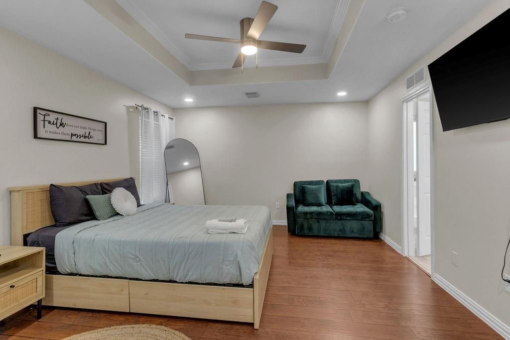 Bedroom, Interior, Recessed Lighting, Wood Texture Flooring